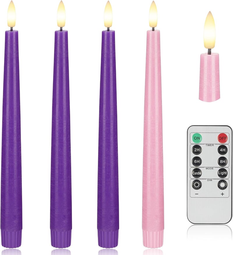 AFINETH Flamelss Advent Candles, 9.6" Real Wax Flameless Taper Candles with Remote, 4 Pack Flickering LED Candle Battery Operated Candlesticks for Christmas, Catholic, Advent, Wreath, Purple and Pink - Image 1